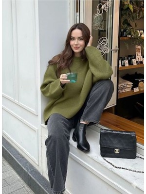 Kadın Balıkçı Yaka Oversize Yeni Sezon Triko Kazak