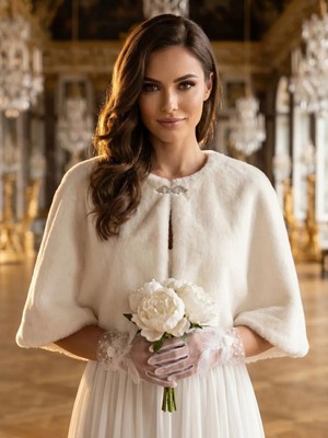 Elegance Scarf Broşlu Premium Suni Kürk Etol Gelin Bolero Gelinlik Bolero Gelin Şalı Abiye Şal Kırık Beyaz
