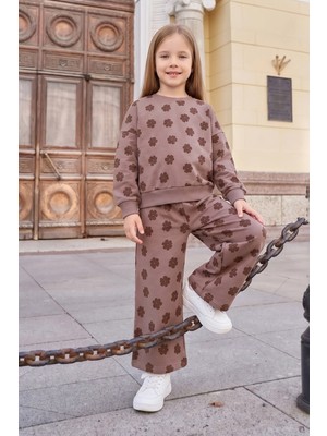 FullaModa Flok Çiçek Baskılı Bisiklet Yaka Kız Çocuk 2 Li Takım