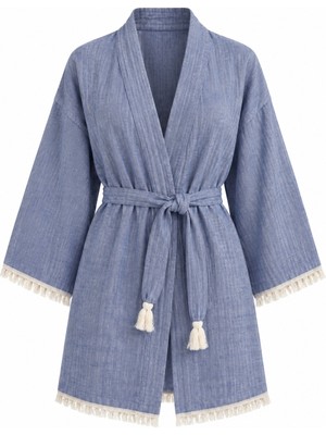 Mandaş Kimono Müslin 2 Katlı Peştemal Bornoz (Beden L-Xl) - Indigo