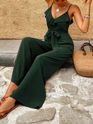 Pileli Store Kadın Ip Askılı V Fırfır Yakalı Beli Kuşaklı Uzun Sandy Tulum