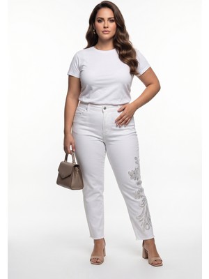 Seleste Kadın Yüksek Bel Taş İşlemeli Düz Paça Denim Pantolon 24Y274