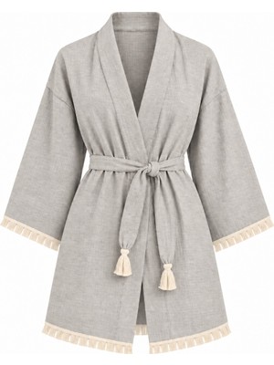 Mandaş Kimono Müslin 2 Katlı Peştemal Bornoz (Beden L-Xl) - Silver (Gri)
