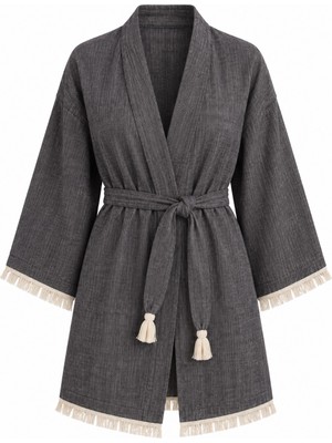 Mandaş Kimono Müslin 2 Katlı Peştemal Bornoz (Beden L-Xl) - Siyah