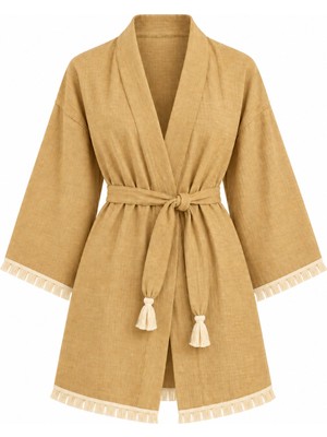 Mandaş Kimono Müslin 2 Katlı Peştemal Bornoz (Beden L-Xl) - Sarı