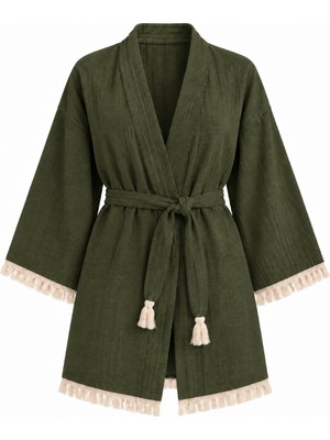 Mandaş Kimono Müslin 2 Katlı Peştemal Bornoz (Beden L-Xl) - Haki Yeşili