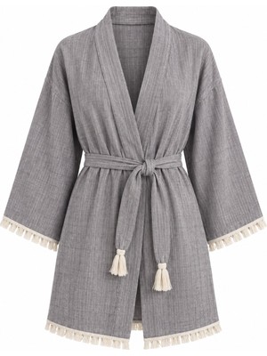 Mandaş Kimono Müslin 2 Katlı Peştemal Bornoz (Beden L-Xl) - Gri