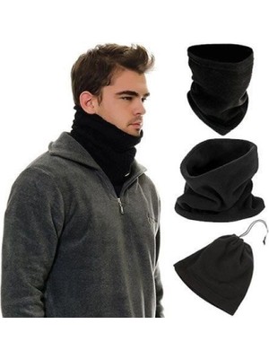 Pileli Store Çok Fonksiyonlu Siyah  Unisex Terletmez Kumaş Ipli Polar Bere Boyunluk