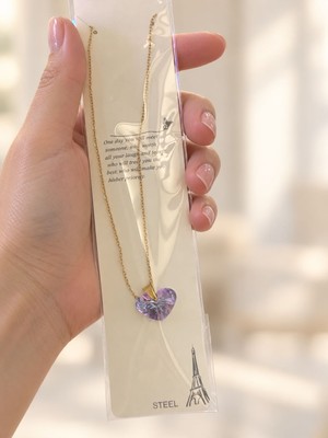 Bartuva Design Pinterest Tarzı Lila Kristal Kalp Uçlu Gold Çelik Kadın Kolye