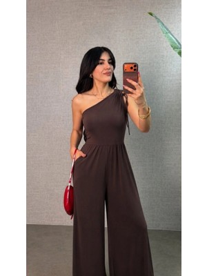 Pileli Store Kadın Tek Omuzdan Büzgü Detaylı Geniş Paçalı Uzun Sandy Tulum