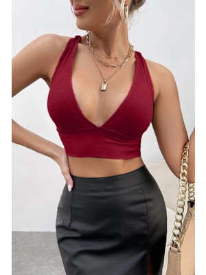 İmoda Kadın Bordo Çapraz Sırt Detaylı Şık Crop Top Büstiyer