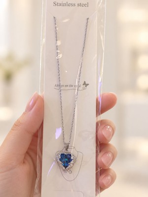 Bartuva Design Pinterest Tarzı Mavi Kristal Kalp Uçlu Silver Paslanmaz Çelik Kadın Kolye