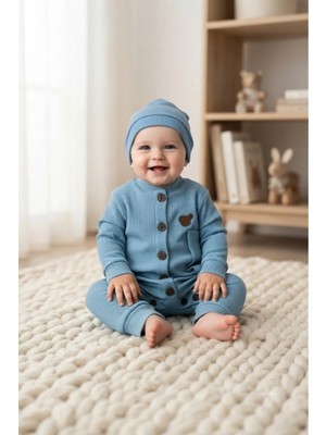 Erca Home Tekstil Ürünleri %100 Pamuklu Ayıcık Logolu Konforlu Şapkalı Bebek Tulum 6/12 Ay Mavi