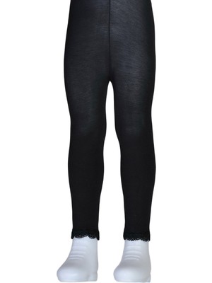 Dore Kız Çocuk Bileği Dantelli Cotton Tayt - Siyah