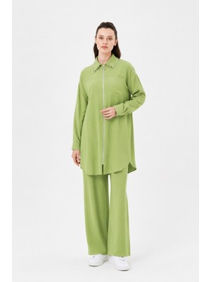 Belirtilmemiş 56112 Yakası Inci Detaylı Önden Fermuarlı Pantolonun Beli Lastikli Spor Ikili Takım #06-25#