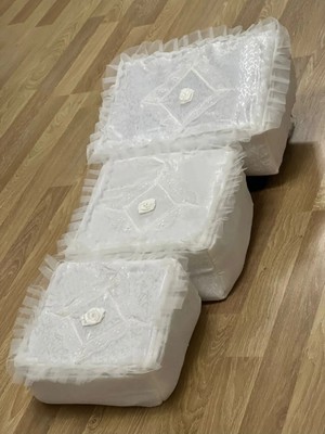 Çt Çeyizci Tekstil Çeyizlik Figürlü Desenli Kumaş Krem 3lü Bohça, Nişan Gelin Damat Hurcu 3lü