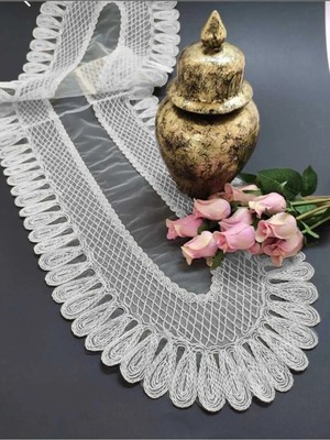 Çt Çeyizci Tekstil Fransız Dantel Detaylı Tek Runner, Masa Üzerine Runner, Masa Örtüsü Runneri