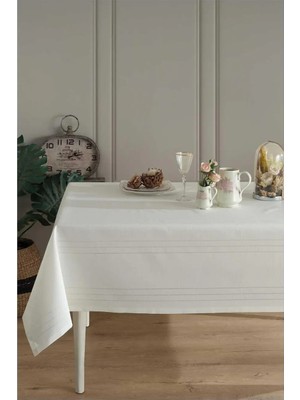 Erciyes Çeyiz Polyester Kumaş Çizgili Masa Örtüsü 160*220 cm Krem