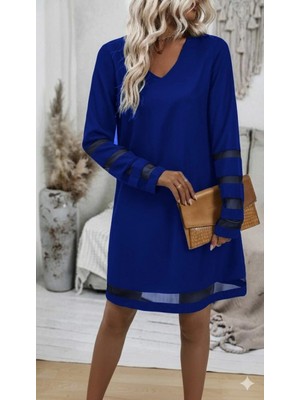 Pileli Store Kadın Uzun Kollu V Yakalı Tül Şerit Detaylı Mini Krep Elbise