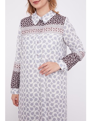 330227 Gömlek Yaka Yarıya Kadar Düğmeli Kol Ucu Manşetli Eteğin Uç Kısmı Fırfır Detaylı Desenli Günlük Elbise #06-25#