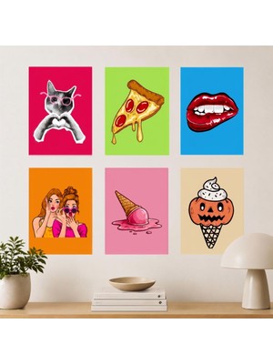 Çılgıntrend Eğlenceli Illüstrasyon Dönem Kombini 6'lı Poster Seti - 15X21 Çerçevesiz Mutfak ve Genç Odası Duvar Sanatı