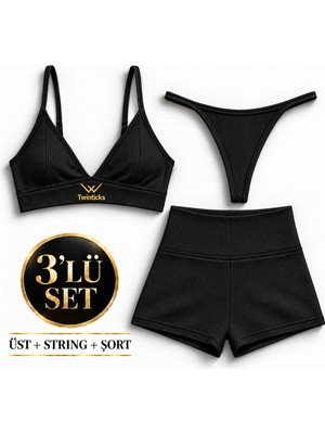 Twinticks Kadın Rahat Günlük Kullanım Pamuklu Kaşkorse 3’lü Set Bralet Üst String Külot ve Şort Takım