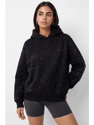 Hiccup Kadınlar Simli Kapüşonlu Sweatshirt Siyah