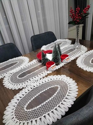 Çt Çeyizci Tekstil Amerikan Servis, 1 Runner 6 Supla Krem Yemek Servis Takımı, Masa Örtüsü Seti, Servis Sunum Seti