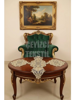 Çt Çeyizci Tekstil Salon Takımı, Yatak Odası 3 Parça Sehpa Örtüsü, Masa Örtüsü 3 Parça Oda Takımı - Gold Renk