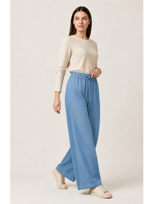 Belirtilmemiş 59216 Büyük Beden Beli Lastikli ve Bağlamalı Geniş Paça Kot Pantalon #2026#