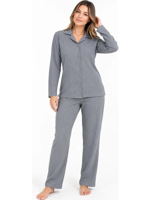 Sleeproom Kadın Bürümcük Düğmeli Gri Pijama Takımı
