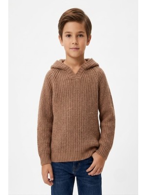 Meriç Bebe Unisex Çocuk Selanik Örgü Kapüşonlu V Yaka Triko Kazak