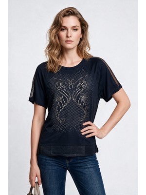Daido Daıdo Kadın Bisiklet Yaka Taş İşlemeli Reglan Kol File Detaylı Pamuk Karışımlı T-Shirt