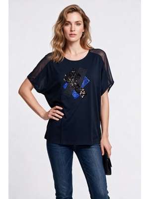 Daido Daıdo Kadın Bisiklet Yaka Payet İşlemeli Tül Detaylı Dökümlü T-Shirt