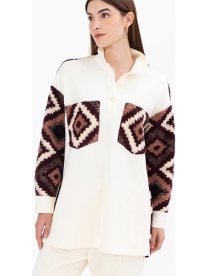 Belirtilmemiş 1078 Etnik Desen Detaylı Hakim Yakalı Örme Kumaş Tunik