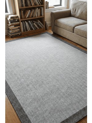 Hoom Rugs Lora 3213 Antrasit Çerçeveli Çizgili Pamuk Taban Hav Toz Vermez Sisal Halı