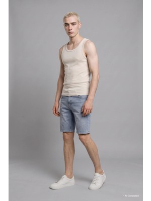 DeFacto %100 Pamuk Slim Fit Bisiklet Yaka Fitilli Ribana Bej Atlet E0446AX26SM