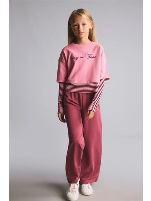 DeFacto Bisiklet Yaka Sweatshirt Üst Geniş Paça Eşofman Altı 2'li Takım Kız Çocuk I7951A826AU