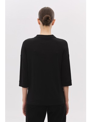 Daido Daıdo Kadın Relaxed Fit Polo Yaka Üç Çeyrek Kol Çizgili Dokulu Cepli Triko Bluz 20K321900118