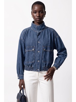 Bsb Kadın Dik Yaka Düğmeli Jean Ceket Büzgülü Bomber Model Rahat Kesim