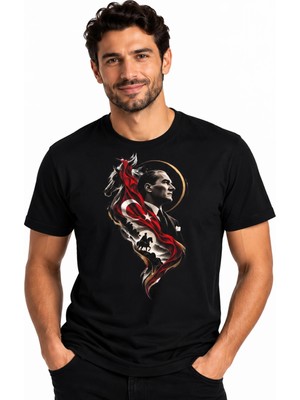 Etifa Tekstil Etifa Atatürk Portre Türk Bayrağı Temalı Premium Unisex %100 Pamuk Siyah Tişört