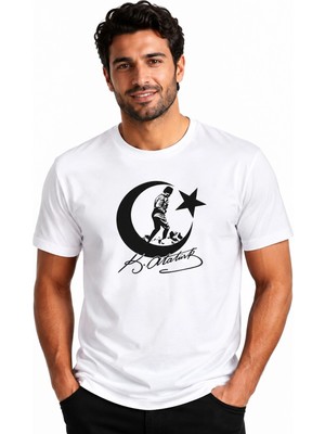Etifa Tekstil Etifa Atatürk Ay Yıldız Imzalı Premium Unisex %100 Pamuk Beyaz Tişört Siyah Baskı