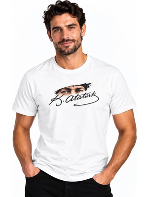 Etifa Tekstil Etifa Atatürk Gözleri ve Siyah Imza Baskılı Beyaz Unisex %100 Pamuk Premium Tişört