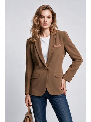 Bsb Kadın Çentikli Yaka Tek Düğmeli Blazer Ceket Düz Dokulu Kumaş