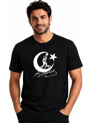 Etifa Tekstil Etifa Atatürk Ay Yıldız Imzalı Premium Unisex %100 Pamuk Siyah Tişört Beyaz Baskı