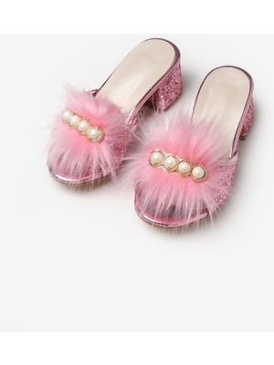 Le Mabelle Pembe  Incili Peluşlu Kız Çocuk Topuklu Terlik