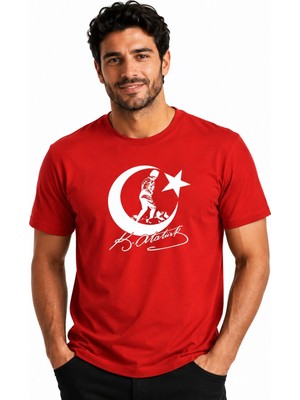 Etifa Tekstil Etifa Atatürk Ay Yıldız Imzalı Premium Unisex %100 Pamuk Kırmızı Tişört Beyaz Baskı