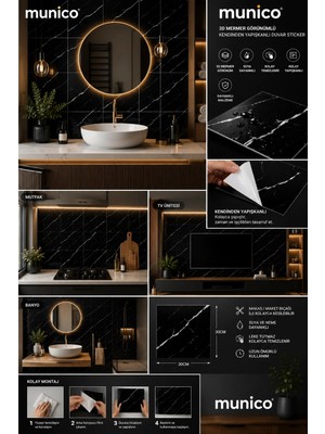 Munico 50 Adet Su Geçirmez Siyah Duvar Stickerı 3D Duvar Dekor Duvar Kağıdı Banyo Mermer 60X30CM Yapışanlı