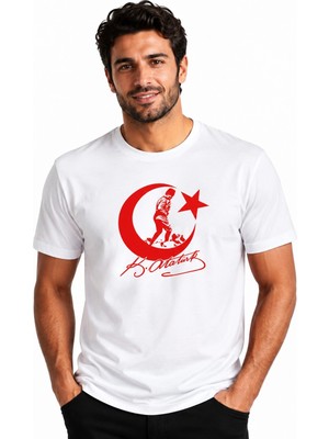 Etifa Tekstil Etifa Atatürk Ay Yıldız Imzalı Premium Unisex %100 Pamuk Beyaz Tişört Kırmızı Baskı