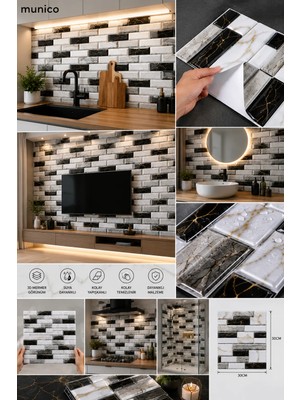 Munico 50 Parça Duvar Etiketi Mermer Fayans Etiketi Kendinden Yapışkanlı 30X30 cm Seramik Plaklar 3D